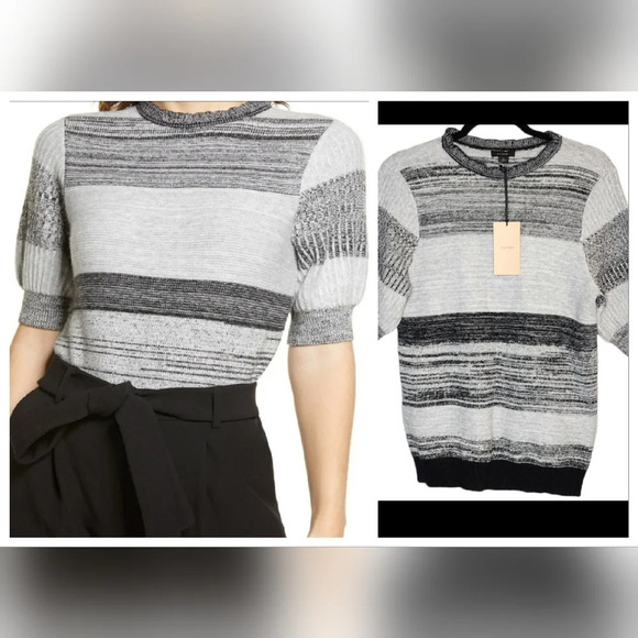 NWT Halogen Faux Cashmere Grey Stripe Puff Sleeve Sweater Size Medium - Picture 2 of 15